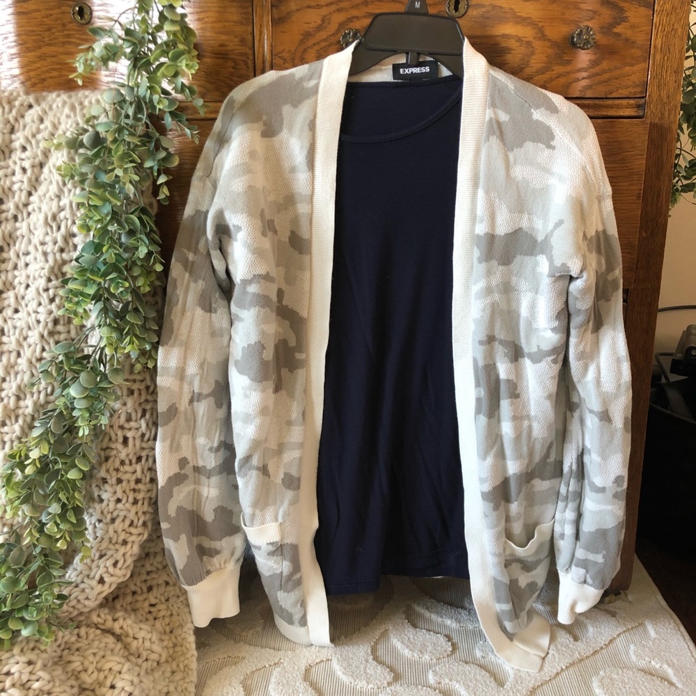 Express grey, olive and white Camo cardigan